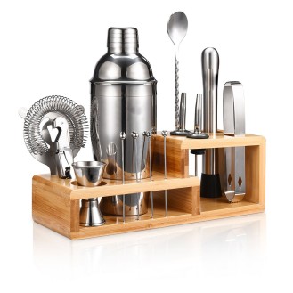 Premium 14 Piece Stainless Steel Bartender Kit with Bamboo Stand